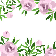 pink bouquet peony flower and leaves, vector drawing template card frame, illustration - 512839739