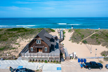 Aerial view of the Bonnet Street Beach access in Nags Head with waves breaking in the distance
