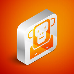 Isometric Monkey icon isolated on orange background. Silver square button. Vector