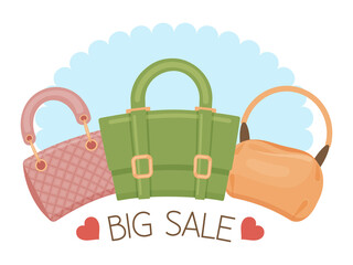 Colorful cute bags. Sale sign. Vector illustration. Cartoon style. Shopping, sale concept.