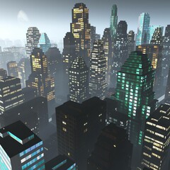 Fototapeta Night city in the foggy light of the moon, 3d rendering obraz
