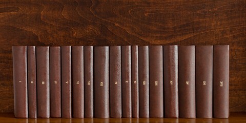 Seventeen book volumes in row. Roman numerals on hardback book spine. Home library bookshelf banner. © Fotema