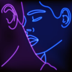 Neon silhouette of a girl. Vector illustration. Portrait in one line. a kiss.