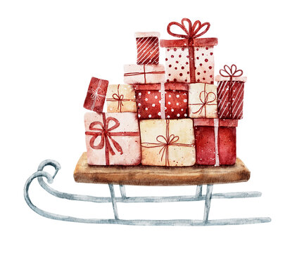 Pile of gift boxes on sleigh isolated on white background. Hand drawn watercolor illustration.