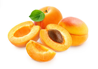 Apricot fruit with half of apricot and apricot kernel isolated on white background.