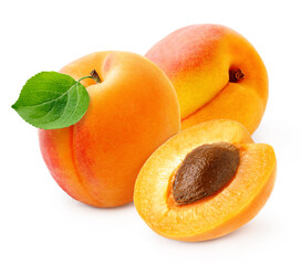 Apricot fruit with half of apricot and apricot kernel isolated on white background.