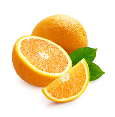 Tasty orange with half of orange and orange slice isolated on white background.