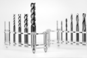 Close up of a metal drill bit set. For hard metals such as stainless steel. industry concept
