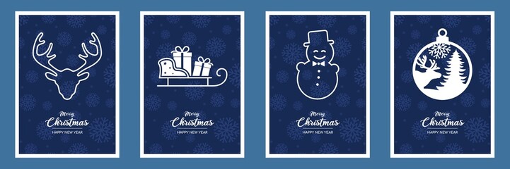 Merry Christmas set of postcards with New Year's greetings. Holiday posters with reindeer, sled, gifts and a snowman. Isolated vector illustration.