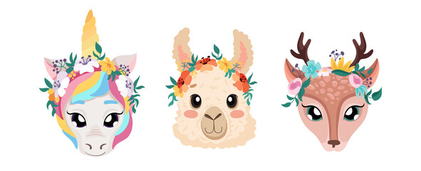 Flower crown wreaths set with animals unicorn, alpaca, deer. Summer or spring flowers isolated on white background for headband design or for wedding. Vector cartoon illustration