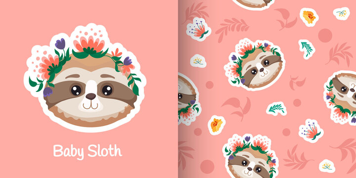 Cute baby sloth seamless pattern with roses crown, hand drawn flower background. Vector cartoon illustration for nursery, poster, birthday greeting cards, baby shower, textile fabric