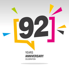 92 Years Anniversary celebration colorful white modern number logo icon banner - obrazy, fototapety, plakaty