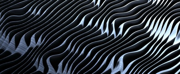 Wavy abstract stripes with metallic gradient background. Futuristic 3d render aluminum warp waves black and white striped color. Textured ripples with transitions and elegant steel tracery