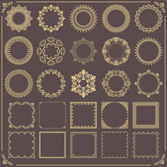 Vintage set of vector round elements. Different yellow elements for design frames, cards, menus, backgrounds and monograms. Classic patterns. Set of vintage patterns
