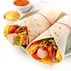 Wrap sandwich with vegetables and cheese and organic sausage on a plate. White background.