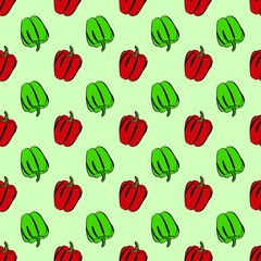 A simple doodle illustration of bright juicy sweet pepper. Sweet Bulgarian pepper. Seamless pattern.