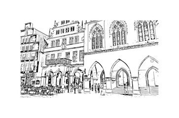 Building view with landmark of Munster is the 
city in Germany. Hand drawn sketch illustration in vector.