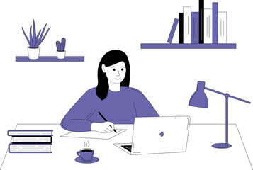 Young woman studies online with plants and books on the background