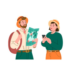 Traveling couple. hiking man with map and woman with smartphone. Cute cartoon. Hiking couple. Vector illustration of hiking together