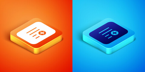 Isometric Add to playlist icon isolated on orange and blue background. Vector