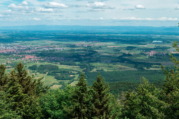 Fototapeta premium Nice natural and farmland landscape of Alsace in France at the border with Germany, seen from the castle Haut-Kœnigsbourg