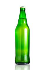 Beer in a green bottle, in front view isolated on white background, Suitable for Mock up creative graphic design, clipping path.