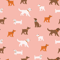 Cute dog silhouettes pattern on pink background. Dog walk pattern. Cute domestic dogs design