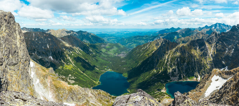 Panoramic view from Mięguszowiecki Summits to the Morskie Oko Lake in Tatra Mountains, Poland.