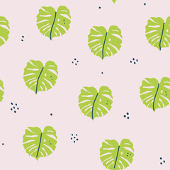 Vector seamless pattern with monsterra tropical leaves on pastel color background. Tropical leaves pattern