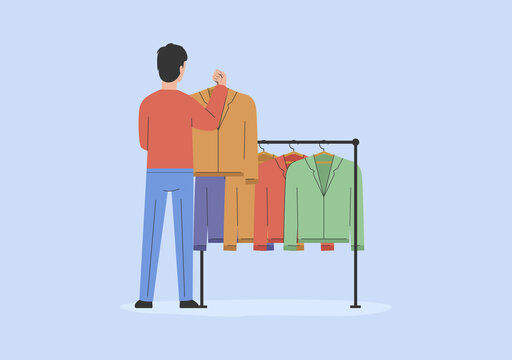 Concept Of Fashion And Shopping. Man Is Choosing Clothes In Store. Happy Male Character Is Choosing Suit Or Tuxedo In Fashion Boutique. Stylish Beautiful Girl In Shop. Cartoon Vector illustration