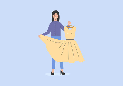 Concept Of Fashion, Sale And Shopping. Woman Sales Consultant In Fashion Boutique Shows New Collection. Happy Smiling Female Character Choosing New Dress For Herself. Cartoon Flat Vector illustration