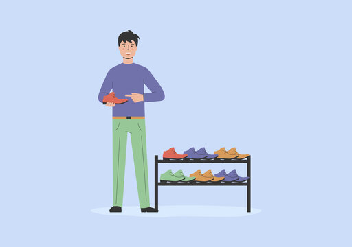 Concept Of Fashion And Shopping. Man Is Choosing Shoes In Store. Happy Male Character Businessman Is Choosing Shoes In Fashion Boutique. Stylish Beautiful Girl In Shop. Cartoon Vector illustration