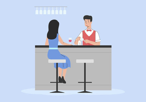 Concept Of Service In Restaurant And Bar. Barman At Workplace. Woman Sitting At Bar And Drink Alcohol. Bartender Rubs Glasses And Making Cocktails For the Customer. Cartoon Flat Vector Illustration