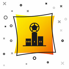 Black Award over sports winner podium icon isolated on white background. Yellow square button. Vector