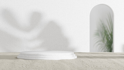 3D rendering of a product display stand with a sand floor and white background with a palm shadow