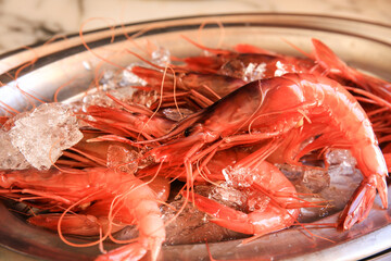 Santa Pola red prawn on stainless steel tray