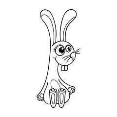Cute cartoon hare line art. Animal rabbit. Eared bunny character is sitting. Hand drawn vector doodle illustration. Black and white isolated element.