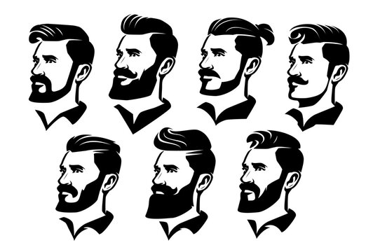 Set vector faces bearded men. Hipster with haircut, mustache, beard. Design element for emblem, badge, label