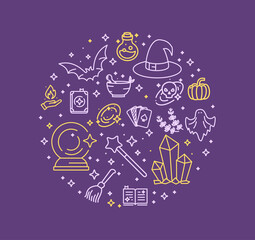 Magic Witch Halloween Round Design Template Thin Line Icon Concept. Vector