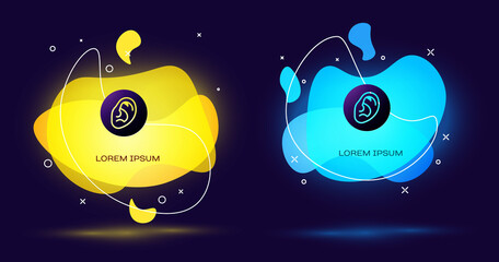 Black Ear listen sound signal icon isolated on black background. Ear hearing. Abstract banner with liquid shapes. Vector