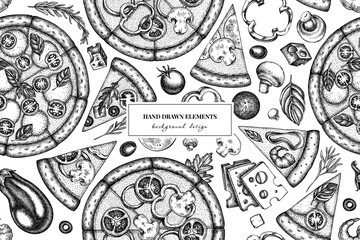 Pizza seamless pattern background design. Engraved style. Hand drawn greek, margherita, pepperoni, veggie, ham and mushrooms and seafood pizzas.