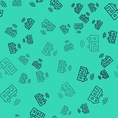 Black line Smart home with wireless icon isolated seamless pattern on green background. Remote control. Internet of things concept with wireless connection. Vector