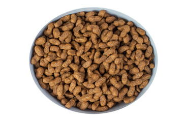 Pote de ração branco  para gatos e cachorros com ração isolado