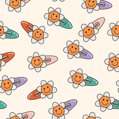 Seamless vector pattern with cute 90s daisy hair clip. Background with cartoon smiling face accessory for girls. Adorable flower hairpin texture - obrazy, fototapety, plakaty