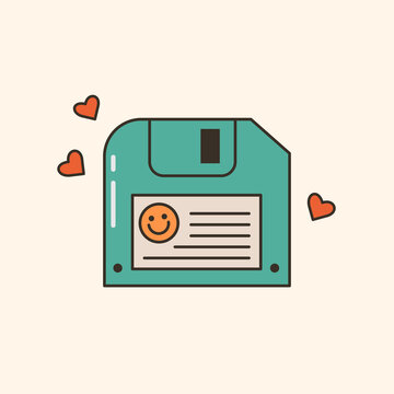 Vector illustration of cute 80s, 90s floppy disk. Cartoon diskette with hearts and smiling face. Vintage data storage. Trendy oldschool icon