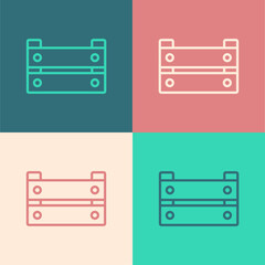 Pop art line Wooden box icon isolated on color background. Grocery basket, storehouse crate. Empty wooden container for vegetables, products. Vector