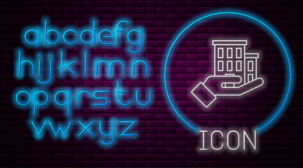 Glowing neon line House insurance icon isolated on brick wall background. Security, safety, protection, protect concept. Neon light alphabet. Vector.