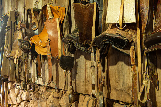 Various saddles and leather stirrups for horses hanging on the wall of the stable on the farm