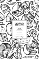 Cheese pattern card design. Hand drawn brie, gouda cheese, roquefort, etc.