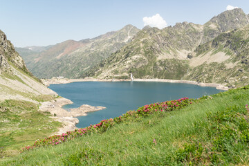 Aerial view of a mountain lake called lac d'artouste located in french pyrenees.